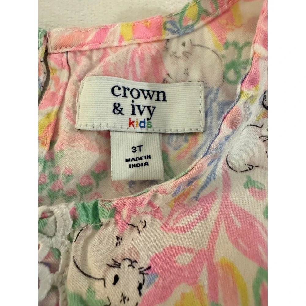 Crown & Ivy Kids Girls 3T Pink Blue Floral Bunny Rabbit Crochet Lace Shift Dress